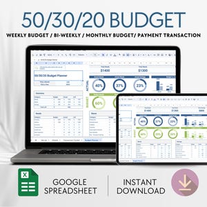 50/30/20 Budget Spreadsheet, Google Sheets Budget Template, Monthly Budget, Paycheck Budget, Weekly Budget, Budget Google Sheet Tracker