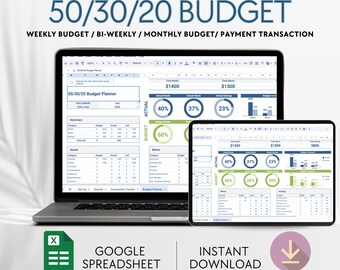 May include: A screenshot of a Google Spreadsheet with a 50/30/20 budget planner. The spreadsheet is open on a laptop and a tablet. The spreadsheet has a blue and green color scheme and includes charts and graphs. The text "50/30/20 Budget Planner" is visible in the spreadsheet. The text "GOOGLE SPREADSHEET" is visible below the laptop. The text "INSTANT DOWNLOAD" is visible below the tablet.