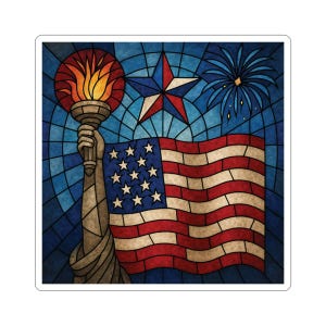 Sticker vitrail 4 juillet | Sticker fête de l'indépendance des États-Unis | Blanc et dos transparent | 3x3, 4x4, 6x6 | Art patriotique | Cadeaux pour lui