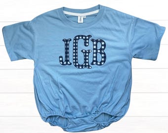 Blue Gingham Monogram Bubble Romper, Personalized Bubble Romper, Boys Bubble Romper