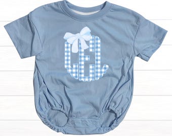 Baby Girl Bow Gingham Monogram Bubble Romper, Personalized Bubble Romper, Blue Bubble Romper