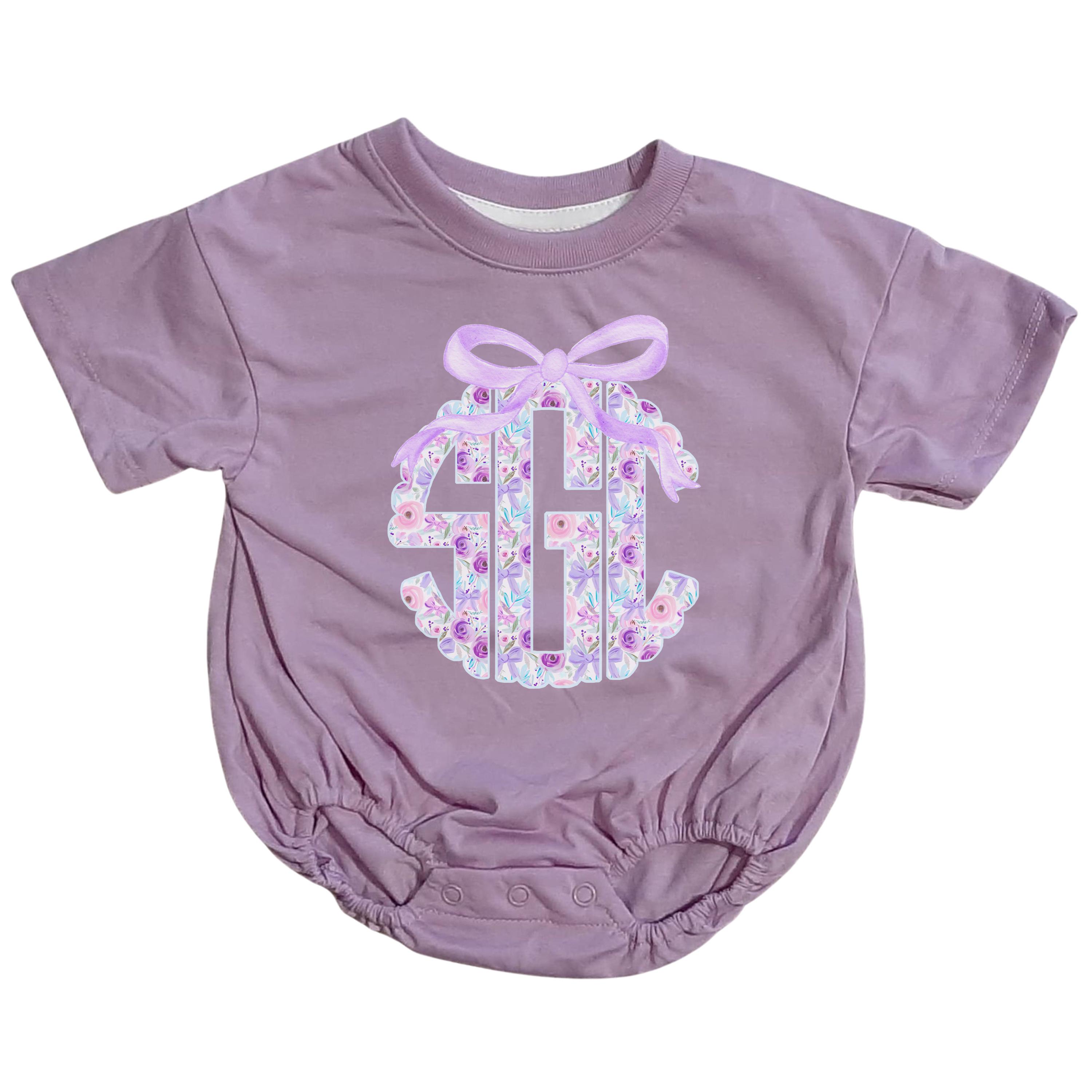 Baby Girl Bow Monogram Bubble Romper, Personalized Bubble Romper, Purple Monogram