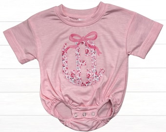 Baby Girl Floral Pink Bow Monogram Bubble Romper, Personalized Bubble Romper
