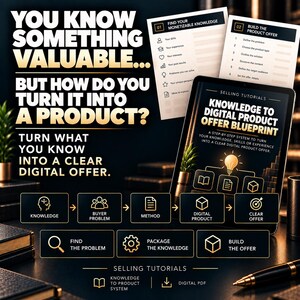 May include: A digital product offer blueprint guide featuring the text: YOU KNOW SOMETHING VALUABLE... BUT HOW DO YOU TURN IT INTO A PRODUCT? TURN WHAT YOU KNOW INTO A CLEAR DIGITAL OFFER. Includes a tablet screen, checklists, and flowcharts.