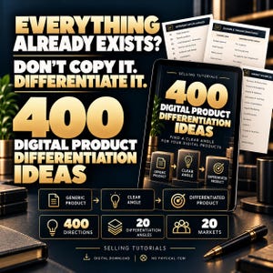 Op de afbeelding: Een digitale productgids getiteld 400 Digital Product Differentiation Ideas. De tekst luidt Everything Already Exists? Don't Copy It. Differentiate It. Het bevat secties over differentiatiehoeken en voorbeelden van transformaties.