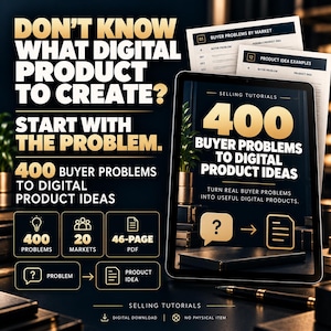 Puede incluir: Una guía de productos digitales titulada 400 Buyer Problems to Digital Product Ideas, con una tableta que muestra la portada, texto detallando 400 problemas en 20 mercados y un formato PDF de 46 páginas. Diseño con texto dorado y blanco sobre negro.