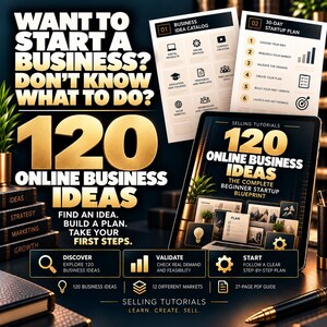 Peut inclure: Un guide numérique intitulé 120 Online Business Ideas comprenant un plan de démarrage, un catalogue d'idées commerciales et des tutoriels. Le texte indique Want to Start a Business? Don't Know What to Do? Find an Idea. Build a Plan. Take Your First Steps.