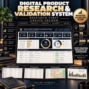 May include: A digital product research and validation system dashboard displayed on a laptop screen, featuring data tables, charts, and metrics. The interface includes sections for product research, competitor tracking, keyword banks, and decision matrices.