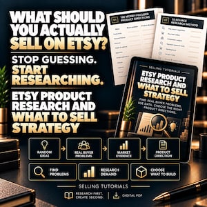 Peut inclure: Un guide numérique intitulé Etsy Product Research and What to Sell Strategy, avec des textes comme What Should You Actually Sell on Etsy? Stop Guessing. Start Researching. Il inclut des graphiques, des icônes et un processus étape par étape.