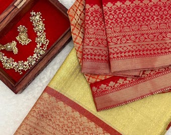 Kora Muslin Red Saree With Stitched Blouse