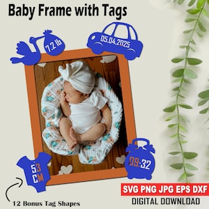 Baby Picture Frame Laser Cut Files, Baby Birth Photo Frame SVG, Baby announcement SVG Newborn Gift Lasercut dxf, Child Metrica, Baby Tag Svg