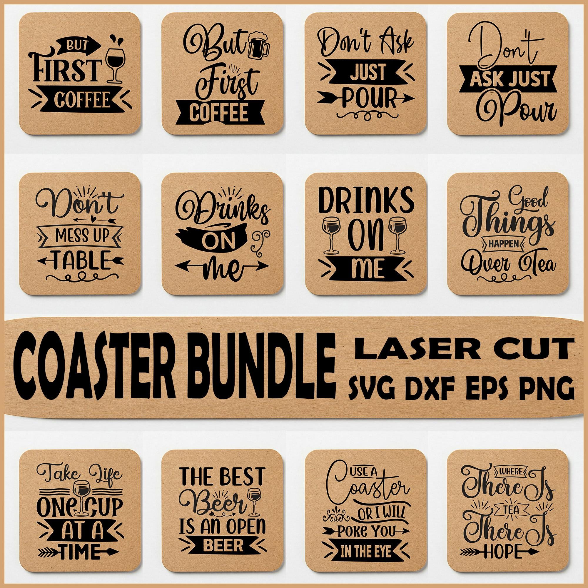 Grappige onderzetters SVG, alcoholspreuk, wijn, bier, whisky, sarcasme, drinkcitaten, keukensnijplank SVG, koffiecitaten SVG-bundel, dxf