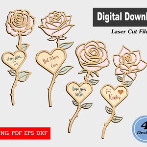 File di taglio laser personalizzato con rosa, regalo per la festa della mamma SVG, file di taglio Glowforge con fiori a forma di cuore, file di taglio in legno floreale 3D a strati, DXF, regalo per la mamma