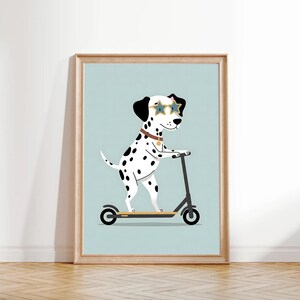 Arte de parede de patinete dálmata, decoração de quarto de meninos, estampa de animal para quarto infantil, pôster de dálmata para sala de jogos, estampa de animal para quarto infantil, estampa de cachorro brincalhão