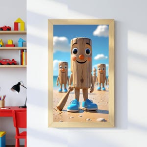 Uroczy drewniany klocek ścienny, zabawny nadruk z kreskówek, cyfrowa sztuka plażowa, osobliwy wystrój pokoju dziecięcego, zabawny plakat, cyfrowa sztuka do pobrania, nietoperz