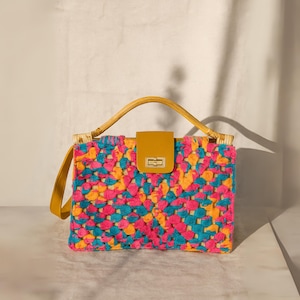 Handmade Crochet Tote Bag: Boho Yarn Purse with Bamboo Handle
