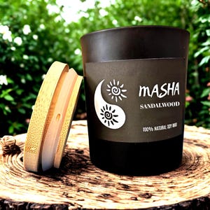 Sandalwood Soy Wax Candle: Black Glass Jar, Handmade in UK