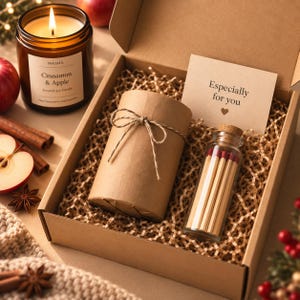 May include: A gift box containing a brown paper-wrapped cylinder, a glass bottle filled with matches with red tips, and a card with the text Especially for you and a heart icon. A lit candle in a brown jar labelled Cinnamon & Apple sits nearby.