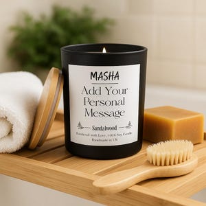 Personalized Sandalwood Soy Candle: Black Jar, Custom Text, Handmade in UK