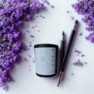 Personalized Lavender Candle – Black Jar Gift – Custom Sketch Label – Handmade in UK – Calming Floral Scent – Gift for Her