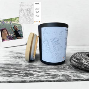 Personalized Amber Candle – Black Jar Gift – Custom Sketch Label – Handmade in UK – Warm Scent – Unique Gift for Him or Her