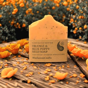 Sabonete de semente de papoula laranja e azul | Barra de sabonete cítrico artesanal feito a frio | Sabonete esfoliante vegano suave | Presente floral de verão da MashasunCrafts