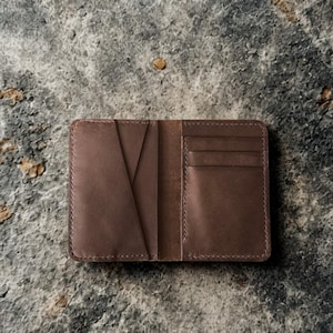 Handmade Brown Leather Vertical Wallet: Blue Stitch Slim Bifold