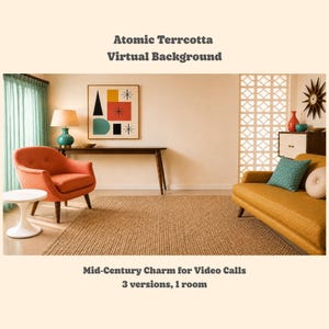 May include: A digital virtual background featuring a room with an orange armchair, a mustard yellow sofa, a wooden console table, a wall art piece with geometric shapes, a teal lamp, a woven rug, and a decorative sunburst wall clock.