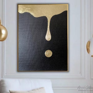 GOLDEN DROP gouden druppelschildering op zwart canvas: moderne abstracte kunst