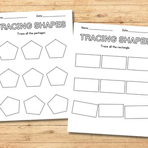 May include: Black and white printable worksheet with the text "Tracing Shapes". The worksheet has two sections, one for tracing pentagons and one for tracing rectangles.