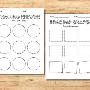 May include: Two black and white printable worksheets for tracing shapes. The first worksheet has nine circles to trace and the second worksheet has nine squares to trace. The text "Tracing Shapes" is at the top of each worksheet.