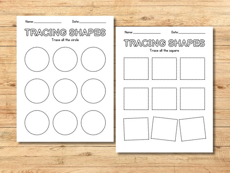 May include: Two black and white printable worksheets for tracing shapes. The first worksheet has nine circles to trace and the second worksheet has nine squares to trace. The text "Tracing Shapes" is at the top of each worksheet.