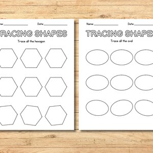 May include: Two black and white printable worksheets for tracing shapes. The first worksheet has nine dotted hexagons to trace. The second worksheet has nine dotted ovals to trace. Both worksheets have the text "Tracing Shapes" at the top.