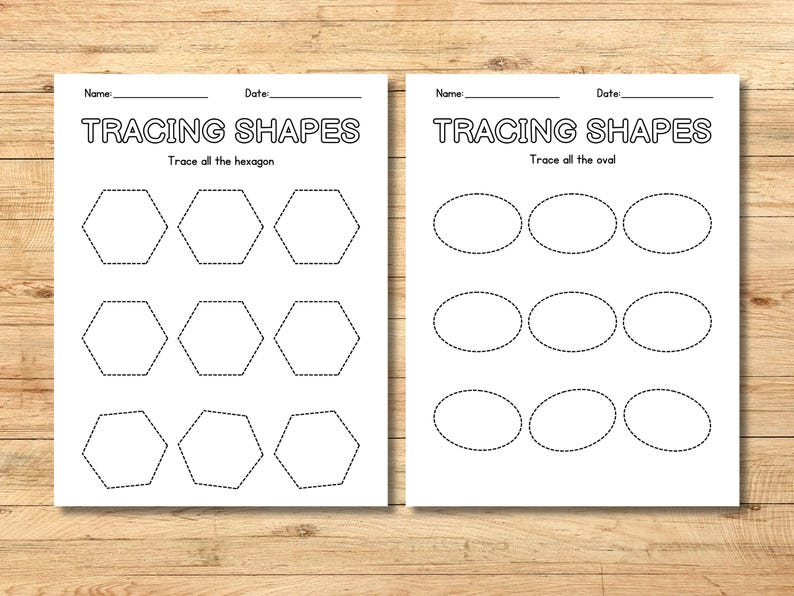 May include: Two black and white printable worksheets for tracing shapes. The first worksheet has nine dotted hexagons to trace. The second worksheet has nine dotted ovals to trace. Both worksheets have the text "Tracing Shapes" at the top.