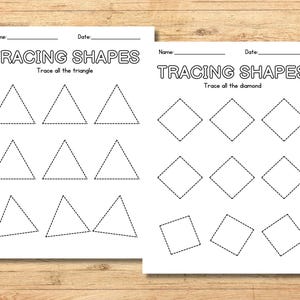May include: Black and white printable worksheet with the text "Tracing Shapes" at the top. The worksheet has two sections, one for tracing triangles and one for tracing diamonds. Each section has nine shapes to trace.
