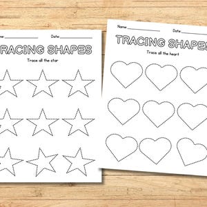 May include: Two printable worksheets for tracing shapes. The first worksheet has nine dotted star shapes to trace. The second worksheet has nine dotted heart shapes to trace. Both worksheets have the title "Tracing Shapes" and space for a name and date.