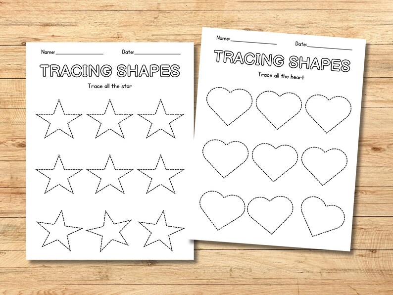 May include: Two printable worksheets for tracing shapes. The first worksheet has nine dotted star shapes to trace. The second worksheet has nine dotted heart shapes to trace. Both worksheets have the title "Tracing Shapes" and space for a name and date.