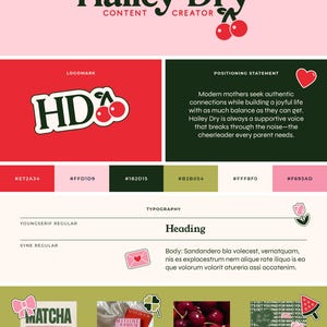 Puede incluir: Una guía de marca para una creadora de contenido llamada Hailey Dry. El logotipo es un "HD" verde con una cereza roja en la parte superior. La paleta de colores incluye rojo, rosa, verde y amarillo. La tipografía es Young Serif Regular y Syne Regular. El lema es "Content Creator".
