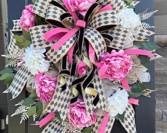 Pink and White Harelquin Wreath, Front door decor, Elegant Summer wreath, Farmhouse style