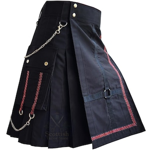 Black Gothic Utility Kilt For Men: Traditional Red Lining, Chains, Rivets