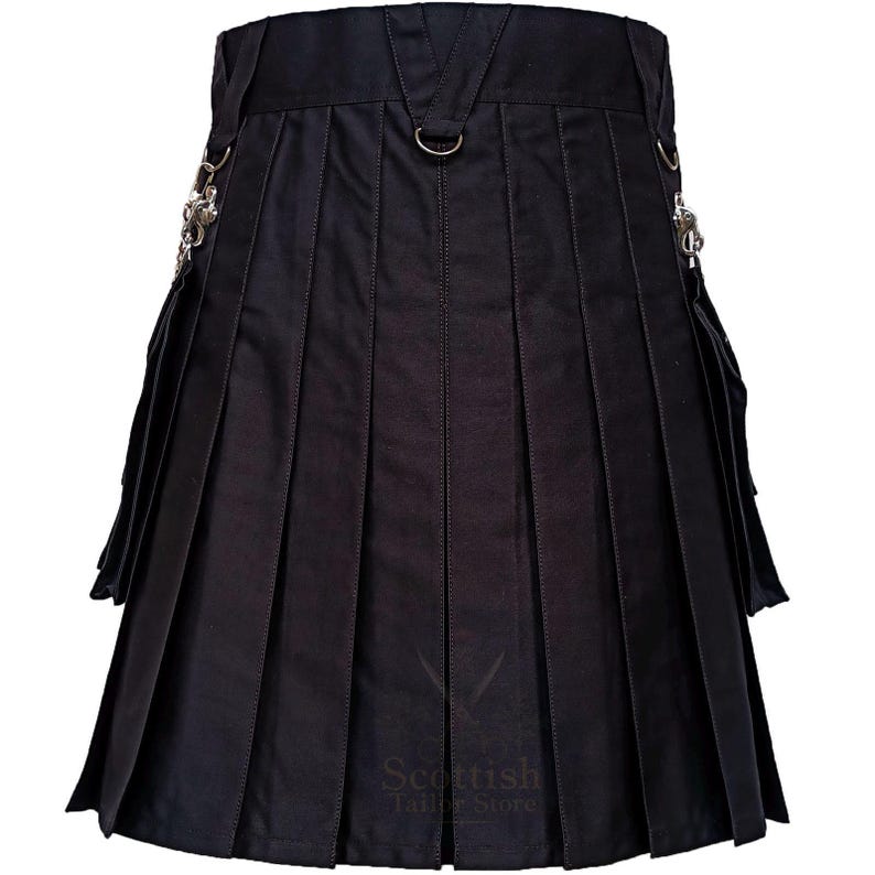 Men’s Black Gothic Utility Work Kilt – Durable Cotton Cargo Kilt with Chains, Pockets & Rings for Steampunk & Alternative Outfits
