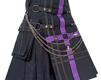 Gothic Black & Purple Utility Kilt For Men : Scottish Fashion Heavy-Duty Cotton Kilts