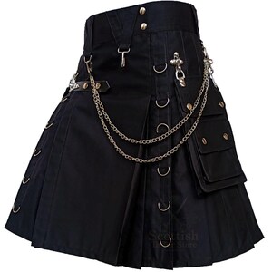 Men’s Black Gothic Utility Work Kilt – Durable Cotton Cargo Kilt with Chains, Pockets & Rings for Steampunk & Alternative Outfits