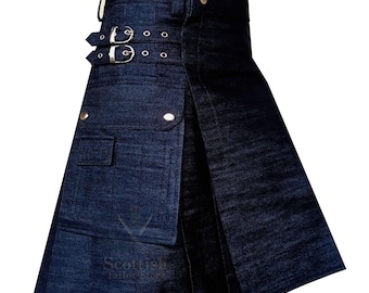 Schottischer schwarzer Denim Kilt Kilt für Männer - Moderne Arbeitskits mit Cargo-Taschen