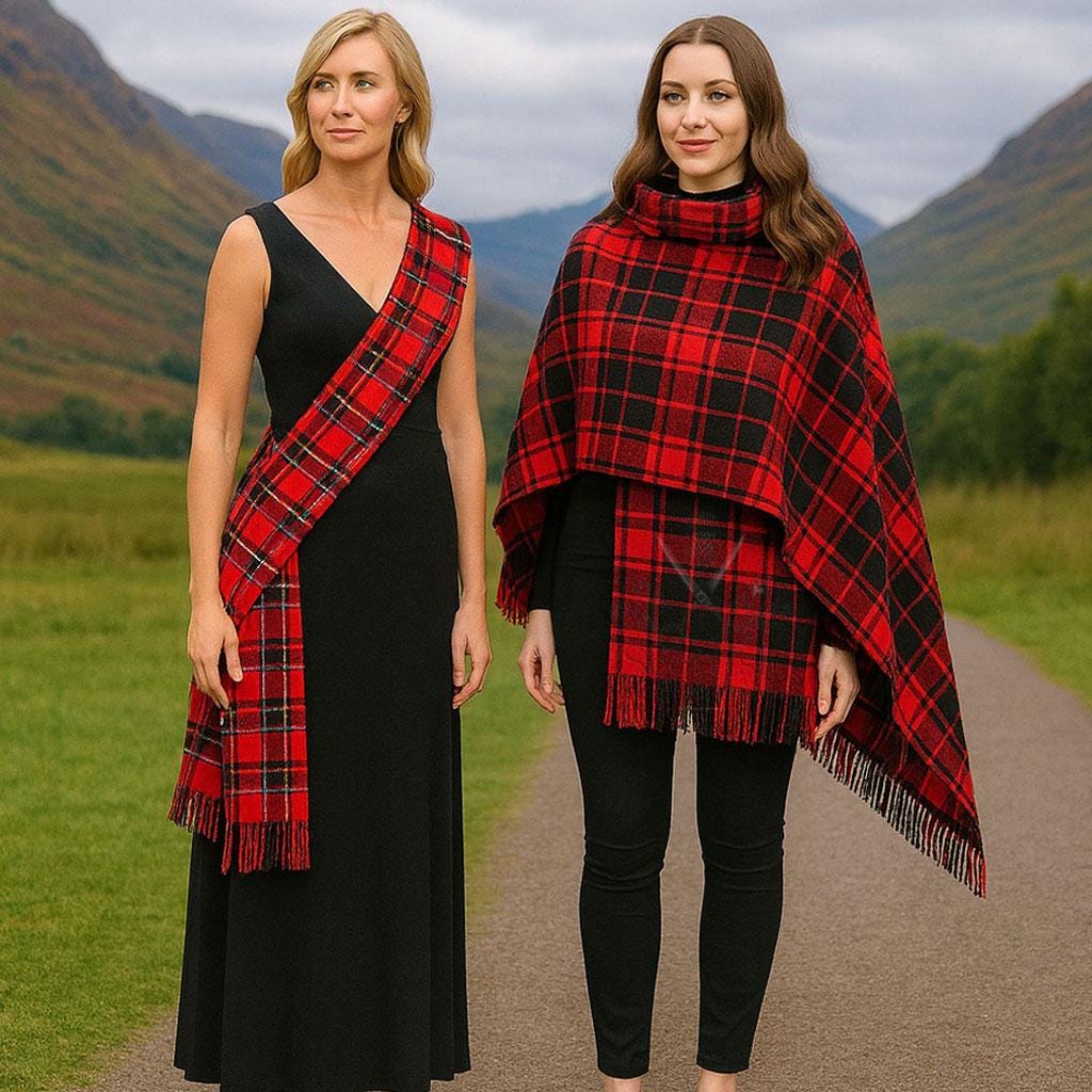 Women Tartan Sash & Shawl Set - Scottish Acrylic Plaid Sash for Dresses 50+ Clan Options