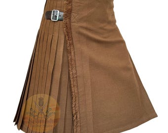 Solid Light Brown Tartan Kilt For Men: Scottish Handmade Traditional Highland 8-Yard Kilt
