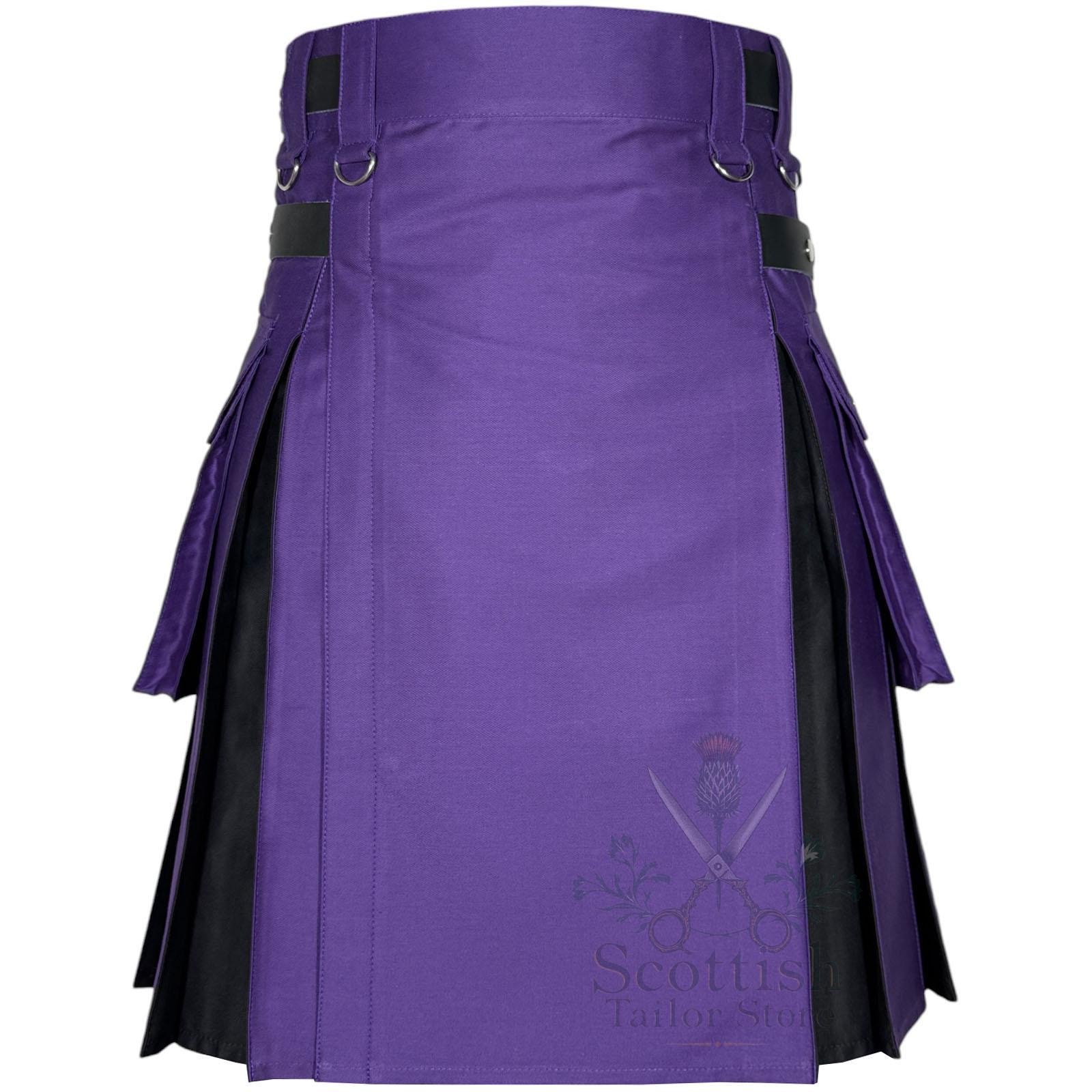 Purple & Black Hybrid Utility Kilt for Men: Box Pleated Leather