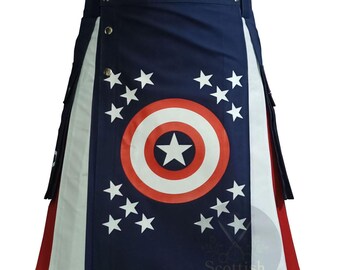 Captain America Utility Kilt For Men: USA Flag Hybrid, Cargo Pockets