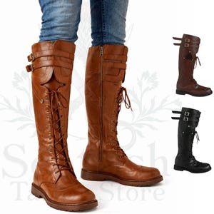 May include: Brown leather knee-high boots with lace-up and buckle details. The boots have a zipper on the side and are shown with jeans. Additional boots in brown and black are also displayed.