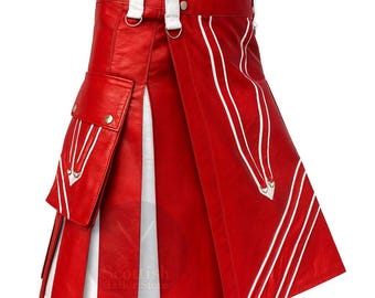 Rode en witte leren hybride utility-kilt: Schotse mode-gotische kilts voor heren